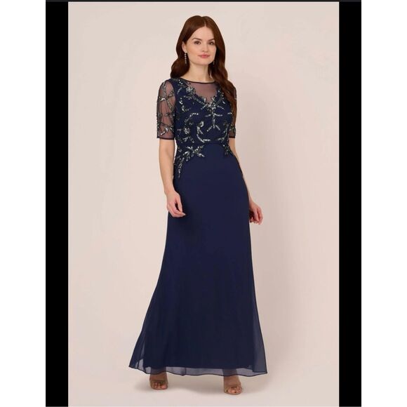 Adrianna Papell Studio Navy Blue Long Beaded Chiffon Dress Size 4 New - Picture 1 of 7